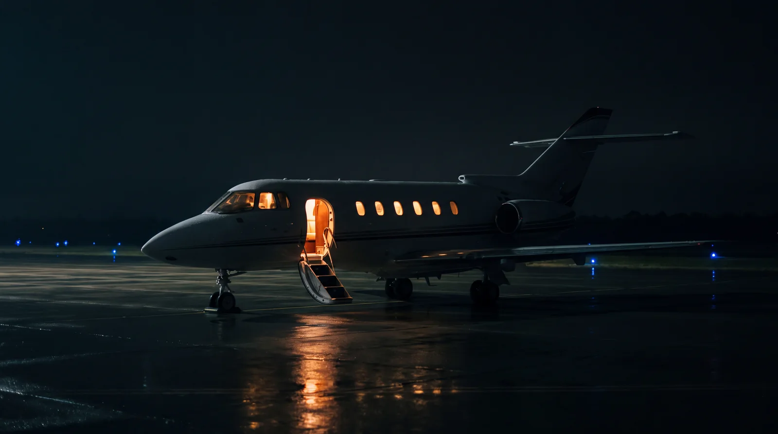 A private jet waiting on a dark tarmac at night